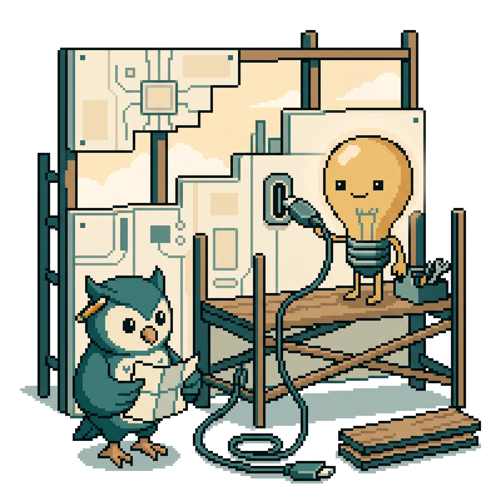 Pixel-Art-Szene: Die Eule steht mit einem Bauplan vor einem halb fertigen Gerüst, an dem die Glühbirne ein USB-C-Kabel anschliesst.